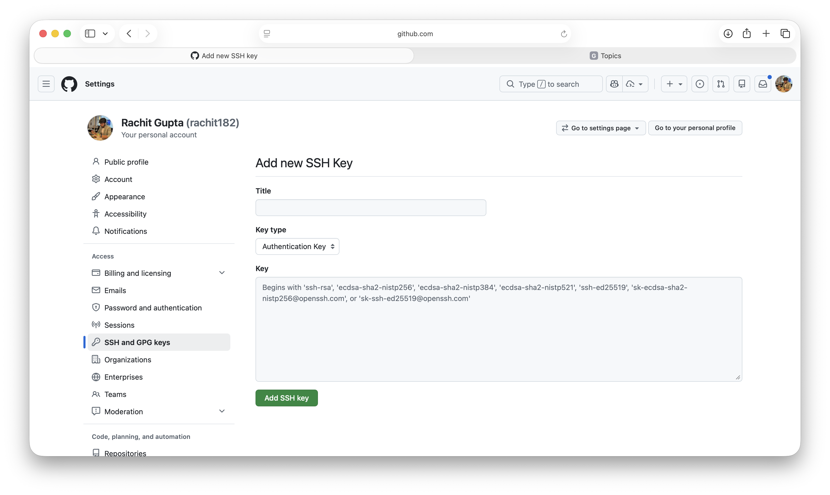 GitHub add new SSH key form