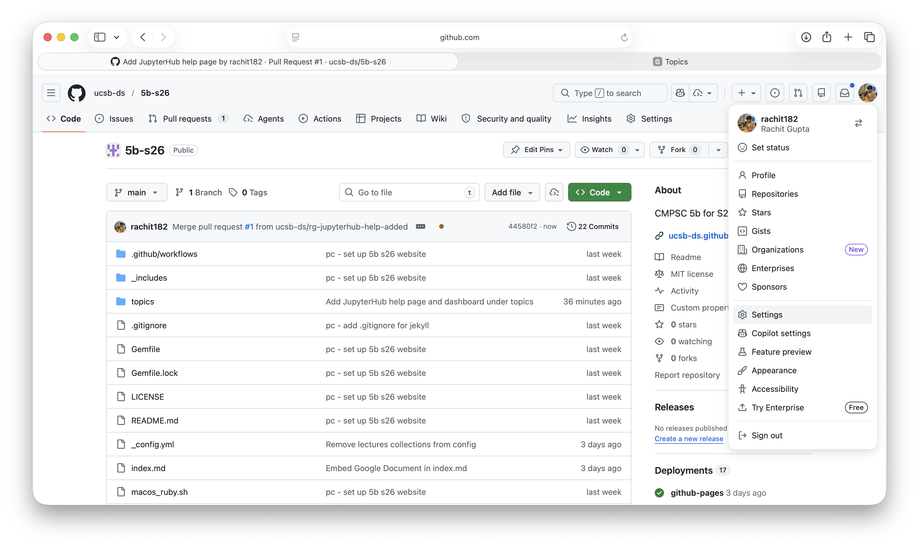 GitHub profile menu with Settings